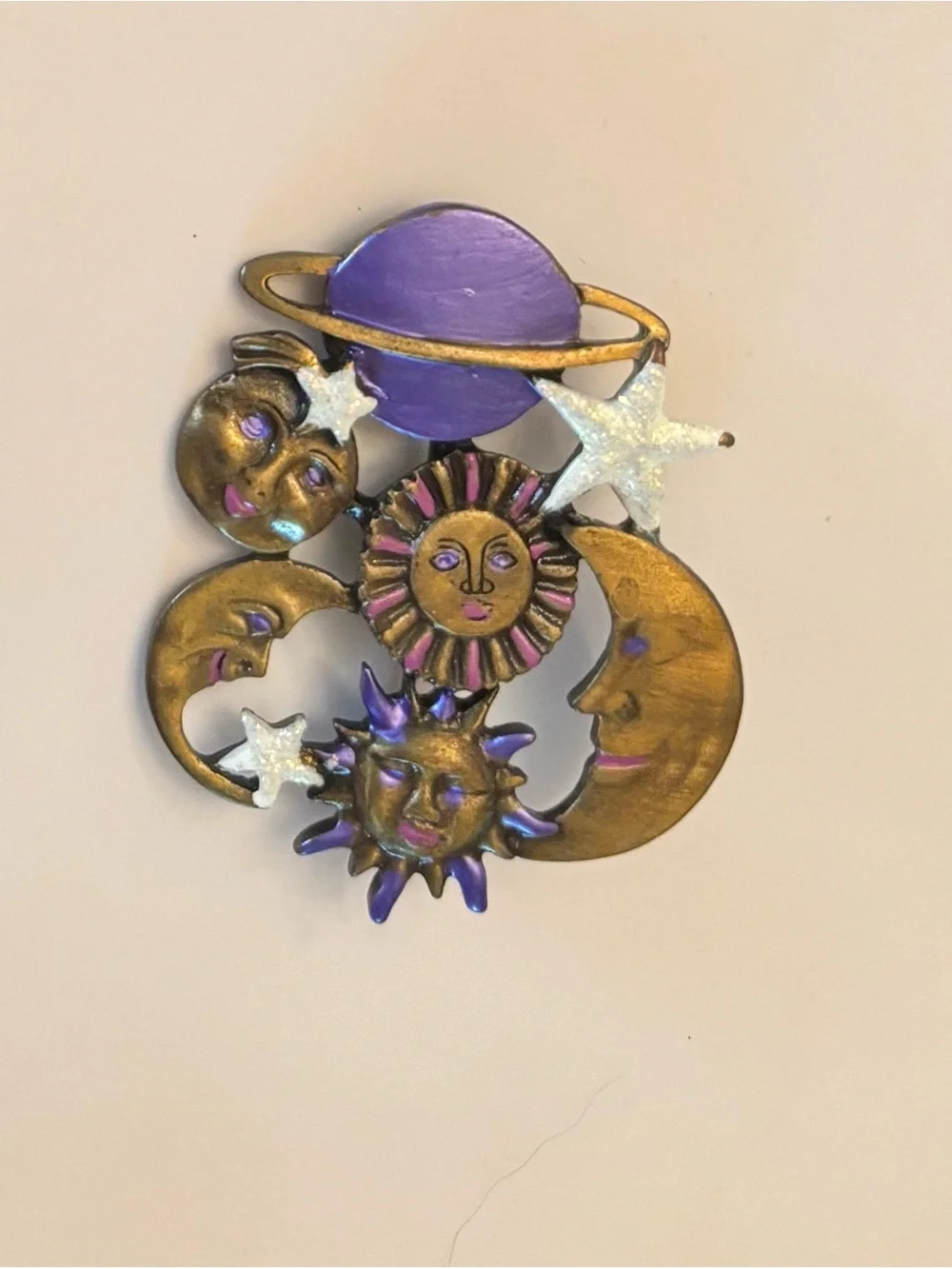 Vintage Celestial Sun, Moon & Stars Brooch - Purple & Gold Pin, Fun, Whimsical.